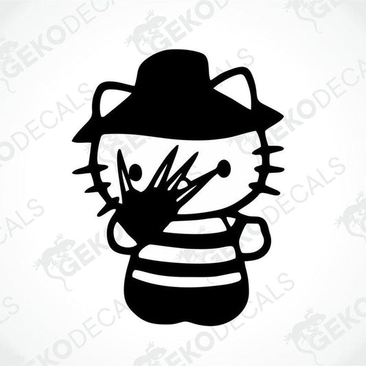 A die cut sticker depicting a stylized character resembling Hello Kitty with a striped hat and a grill, primarily in black and white.