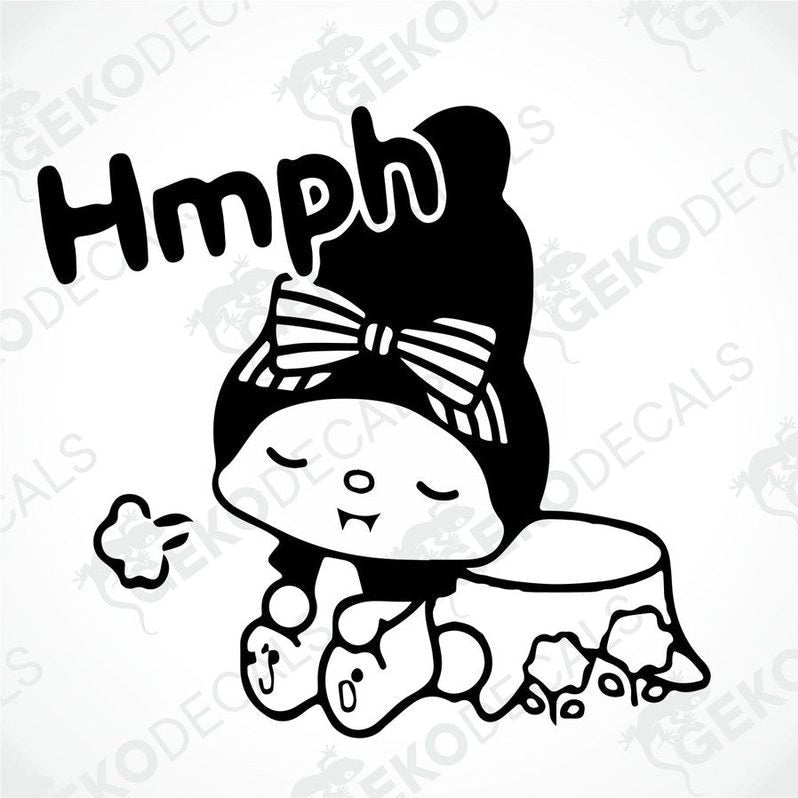 A die cut sticker of Hello Kitty with the word 'Hmph' on it, designed for use on vehicles or other surfaces.