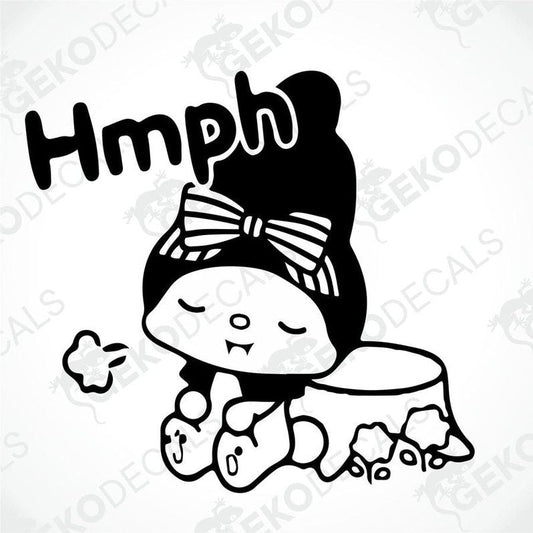 A die cut sticker of Hello Kitty with the word 'Hmph' on it, designed for use on vehicles or other surfaces.