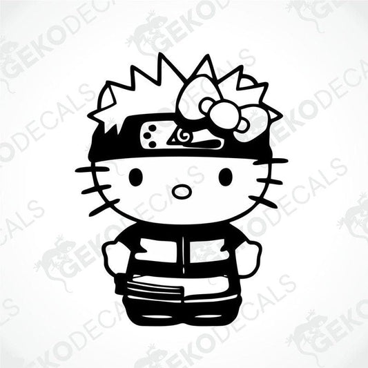A die cut sticker depicting a stylized Hello Kitty character with a black and white color scheme, designed for use as a car decal.