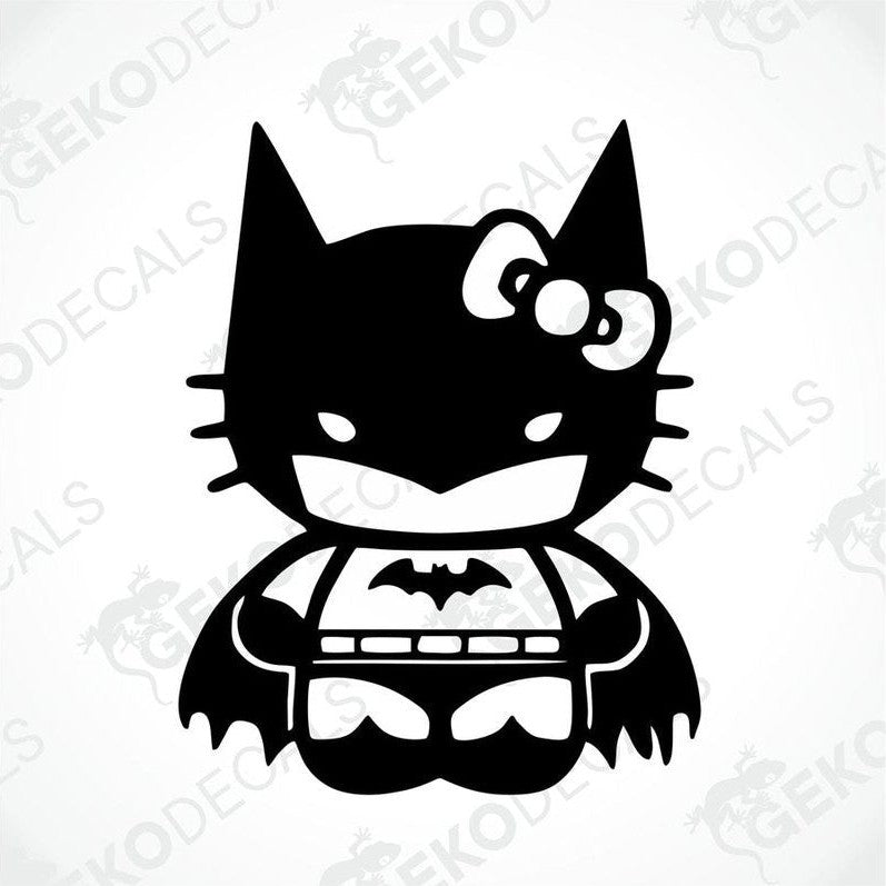 A black and white sticker of Hello Kitty wearing a Batman costume.