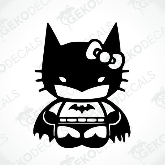 A black and white sticker of Hello Kitty wearing a Batman costume.