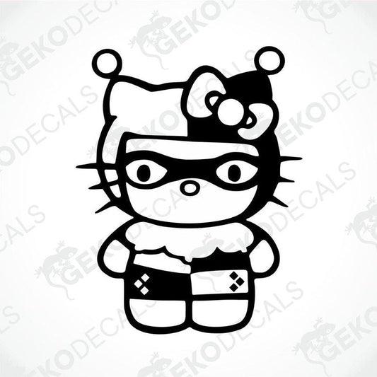 A black and white sticker of Hello Kitty with a cat face mask and a bow tie.