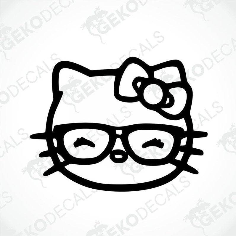 A black and white sticker of Hello Kitty wearing glasses and a bow.