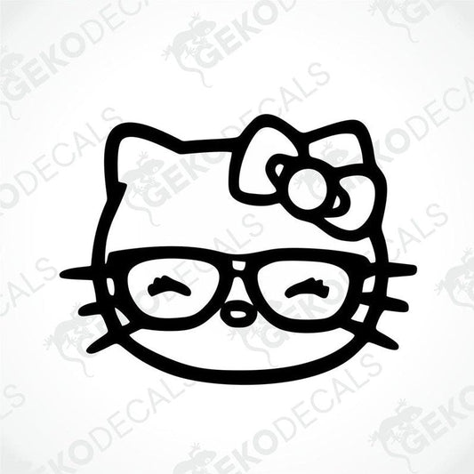 A black and white sticker of Hello Kitty wearing glasses and a bow.