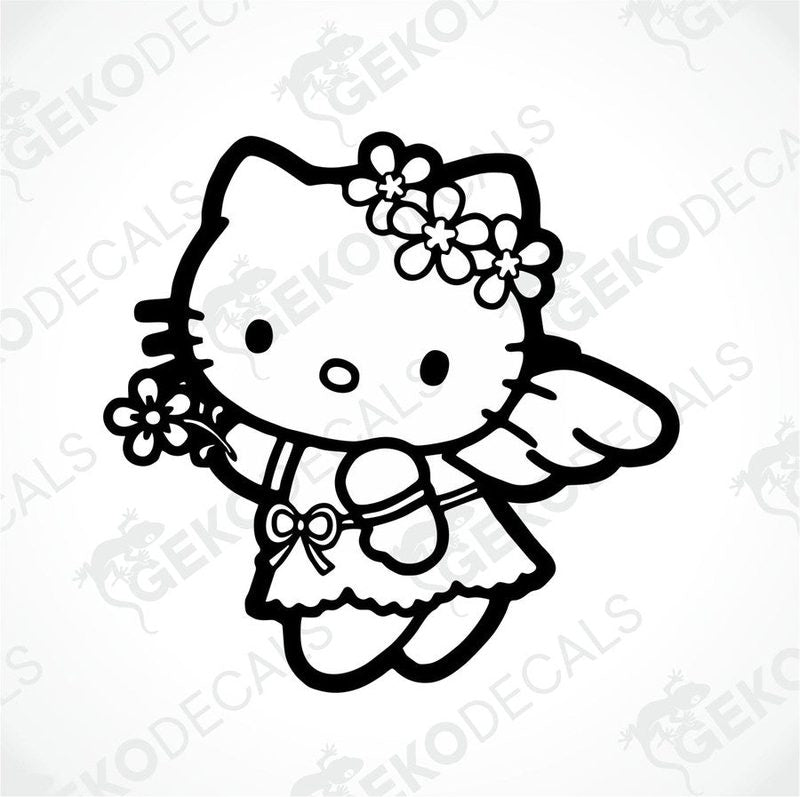 A black and white line drawing of Hello Kitty holding a flower, with 'gekodecals.com' printed in the background.