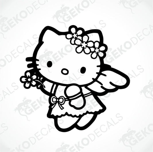 A black and white line drawing of Hello Kitty holding a flower, with 'gekodecals.com' printed in the background.