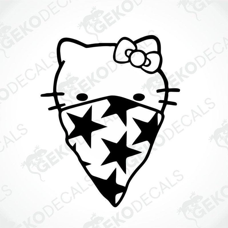 A black and white sticker of Hello Kitty wearing a bandana with stars.