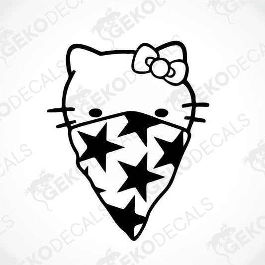A black and white sticker of Hello Kitty wearing a bandana with stars.