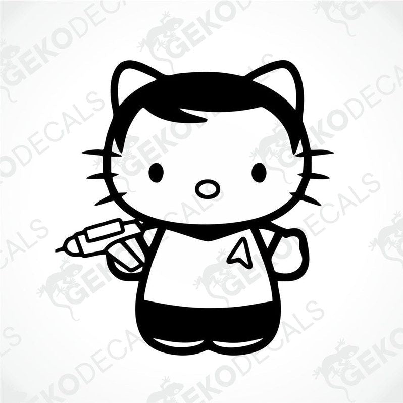 A die cut sticker depicting a stylized version of Hello Kitty holding a gun and wearing a star-topped hat.