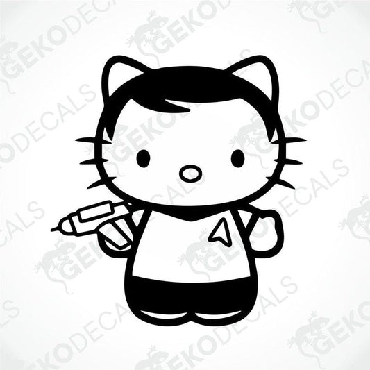 A die cut sticker depicting a stylized version of Hello Kitty holding a gun and wearing a star-topped hat.