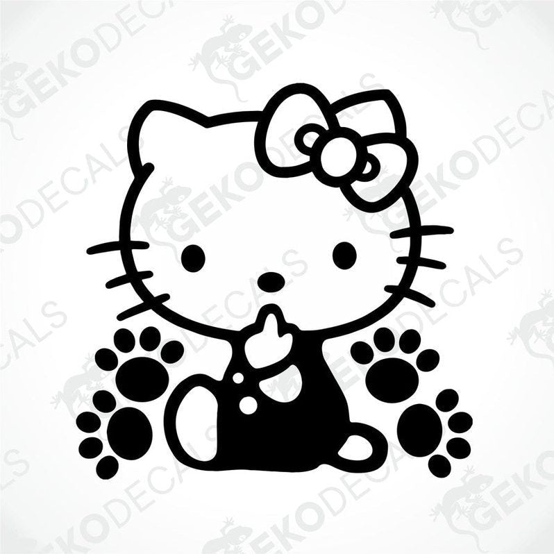 A black and white sticker of Hello Kitty with a bow on her head, sitting with her eyes closed.