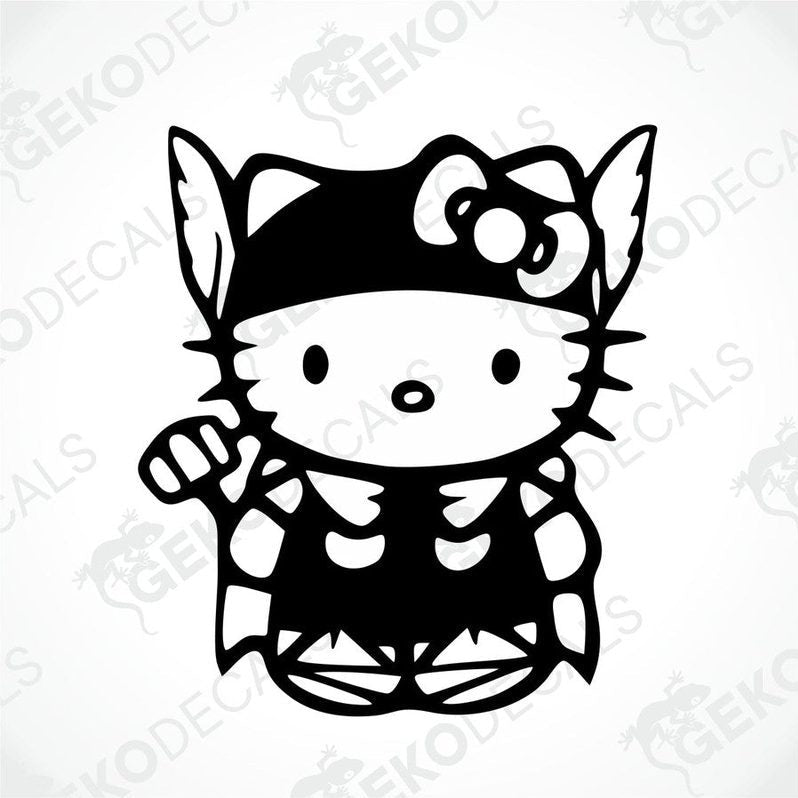 A die cut sticker of Hello Kitty character in a black and white design, suitable for use on cars or other surfaces.