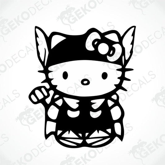 A die cut sticker of Hello Kitty character in a black and white design, suitable for use on cars or other surfaces.