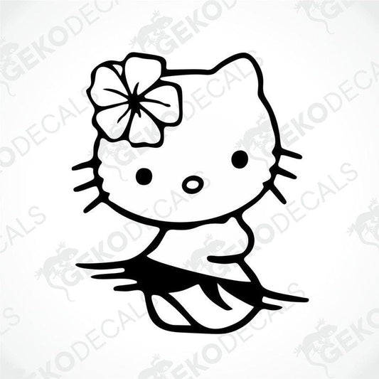A die cut sticker of Hello Kitty with a flower on her head, intended for use as a car decal.