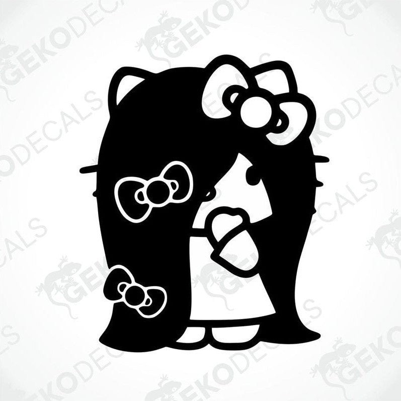 A die cut sticker of Hello Kitty, predominantly in black, with the character's iconic bow design.