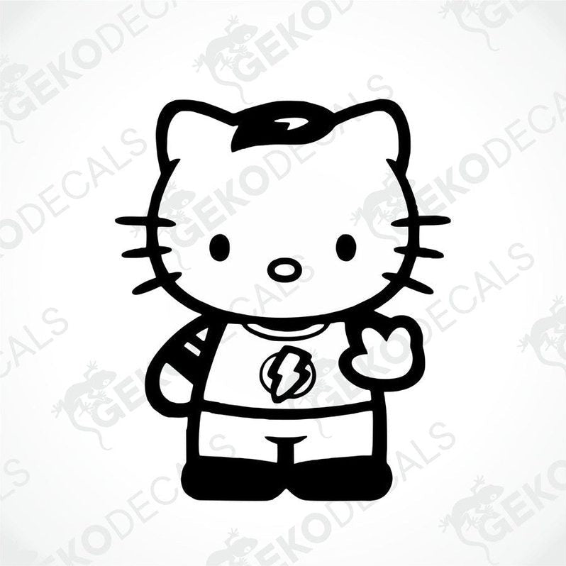 A black and white sticker of Hello Kitty wearing a superhero costume.