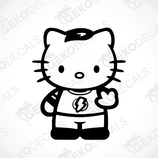 A black and white sticker of Hello Kitty wearing a superhero costume.