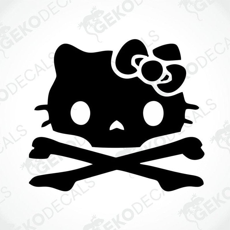 A black and white sticker of Hello Kitty with a bow on her head.