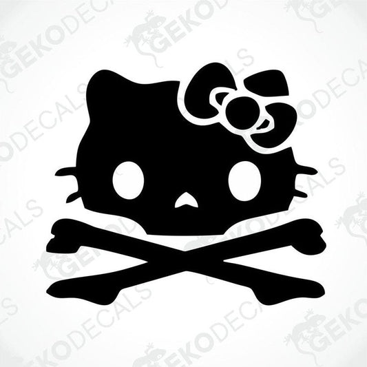 A black and white sticker of Hello Kitty with a bow on her head.