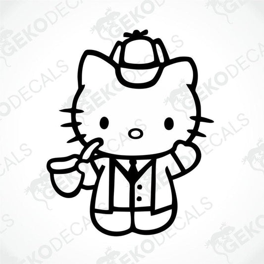 A die cut sticker of Hello Kitty dressed as a detective with a hat and coat.