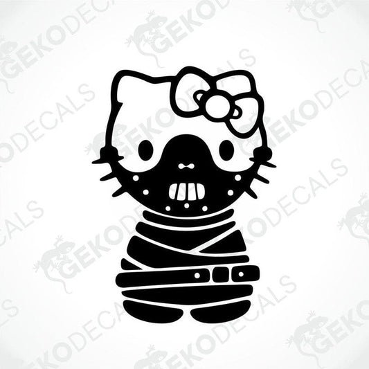 A black and white sticker of Hello Kitty wearing a gas mask and a bow.