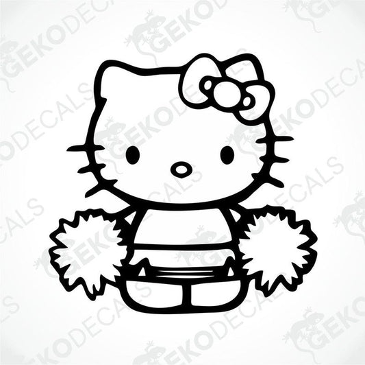A die cut sticker of Hello Kitty character, black and white design, with a bow and cheerleading outfit.