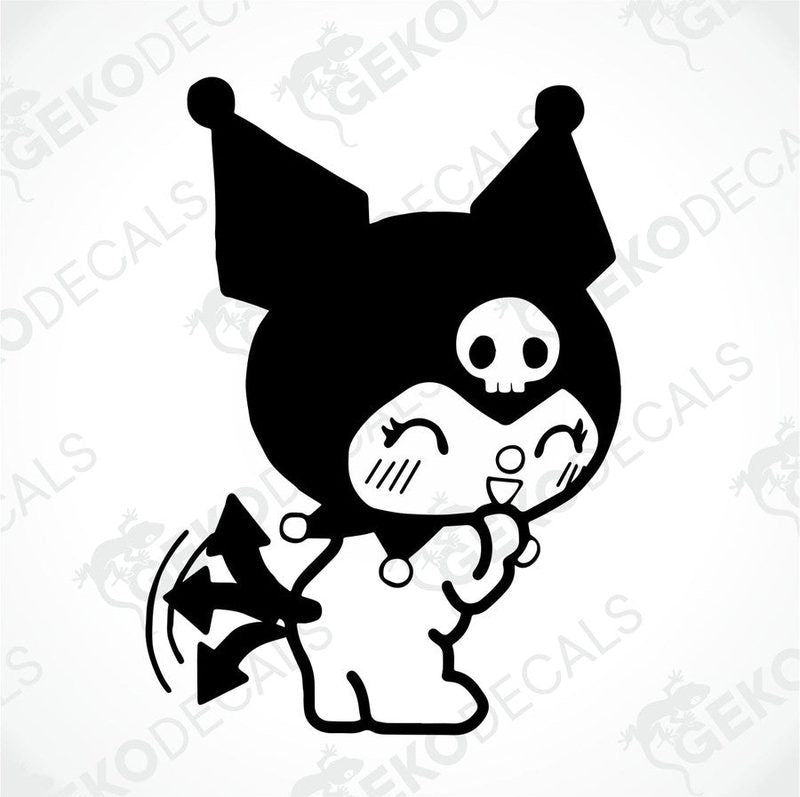 A die cut sticker of Hello Kitty with a black and white design, featuring Hello Kitty holding a skull and making a peace sign.