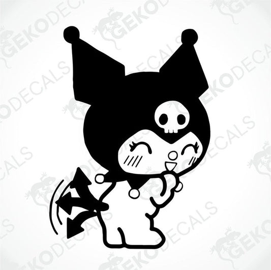 A die cut sticker of Hello Kitty with a black and white design, featuring Hello Kitty holding a skull and making a peace sign.