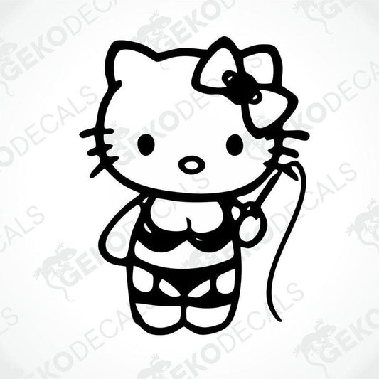 A die cut sticker of Hello Kitty character, predominantly black, with a bow and a fishing rod.
