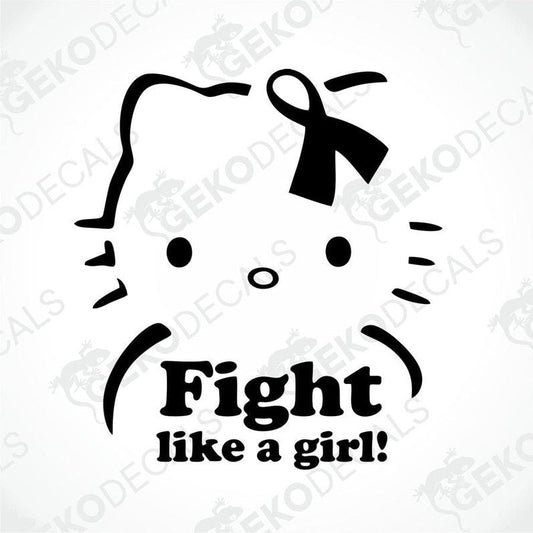 A die cut sticker of Hello Kitty with a 'Fight like a girl!' slogan, designed for use on cars or other surfaces.