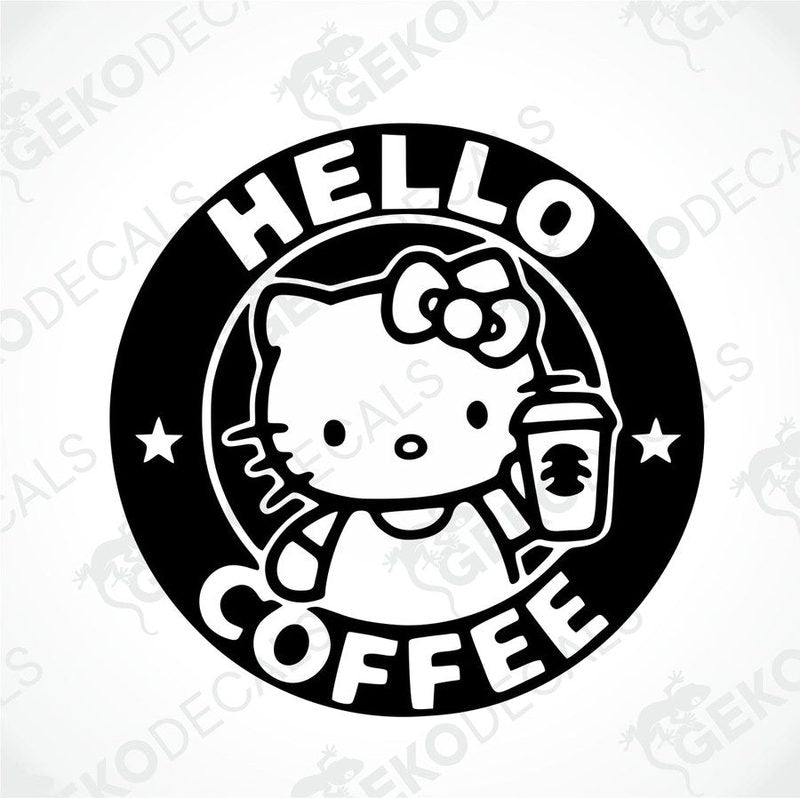 A black and white sticker of Hello Kitty holding a coffee cup with the text 'HELLO COFFEE' around it.