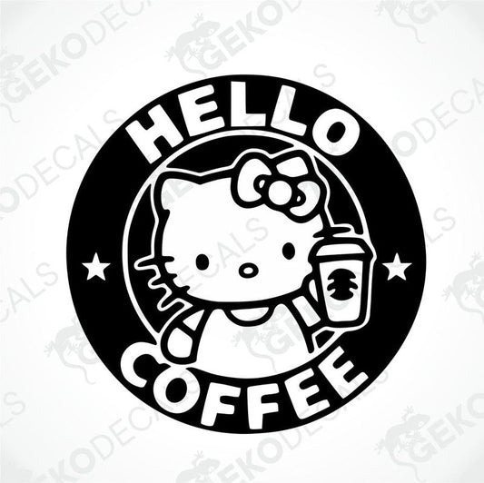 A black and white sticker of Hello Kitty holding a coffee cup with the text 'HELLO COFFEE' around it.