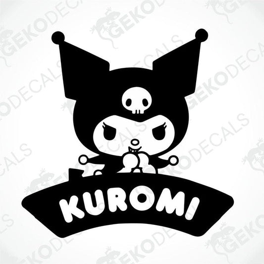 A black and white sticker of Hello Kitty with a 'Kuromi' logo in bold letters.