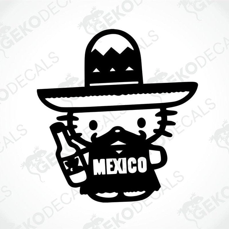 A die cut sticker of Hello Kitty wearing a Mexican sombrero hat with 'MEXICO' written on it.