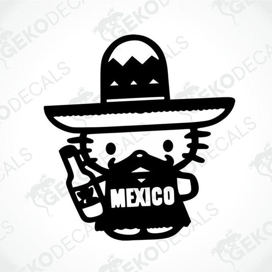A die cut sticker of Hello Kitty wearing a Mexican sombrero hat with 'MEXICO' written on it.