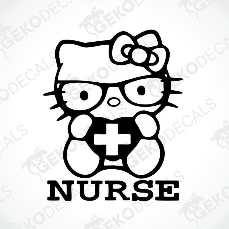 A sticker decal of Hello Kitty wearing a nurse outfit with a cross and the word 'NURSE' below it.