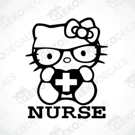 A sticker decal of Hello Kitty wearing a nurse outfit with a cross and the word 'NURSE' below it.