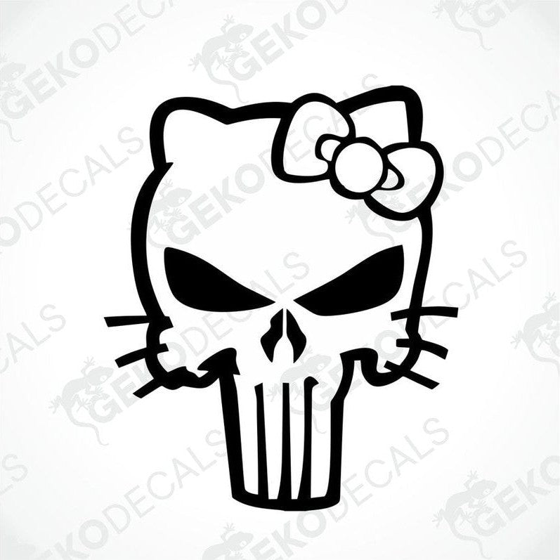 A black and white sticker design of Hello Kitty with a Punisher skull motif on top.