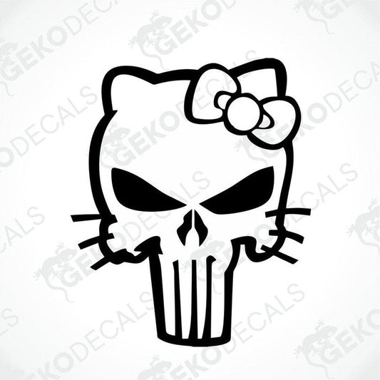 A black and white sticker design of Hello Kitty with a Punisher skull motif on top.