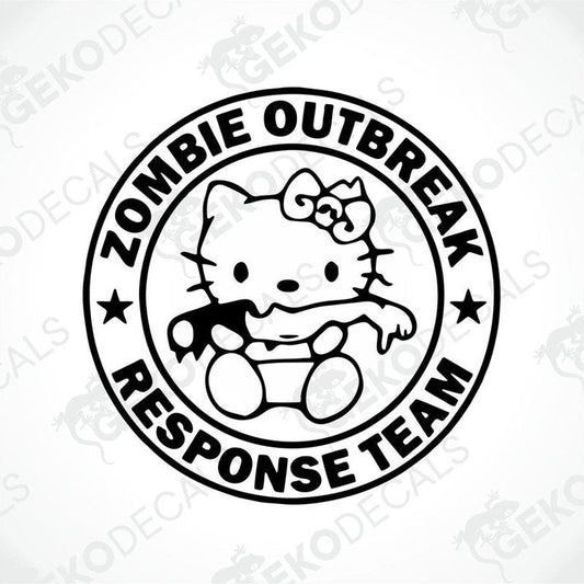 A sticker design featuring Hello Kitty with a Zombie Outbreak Response Team badge, predominantly black and white.