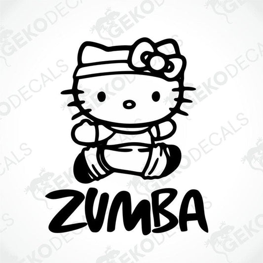 A black and white sticker of Hello Kitty wearing a headband with a flower, sitting in a lotus position, with the word 'ZUMBA' below it.