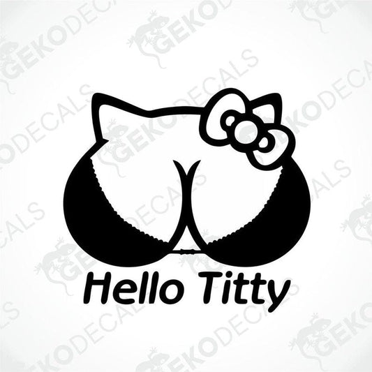 A black and white sticker of Hello Kitty with a bow on her back, labeled with 'HELLO TITTY'.