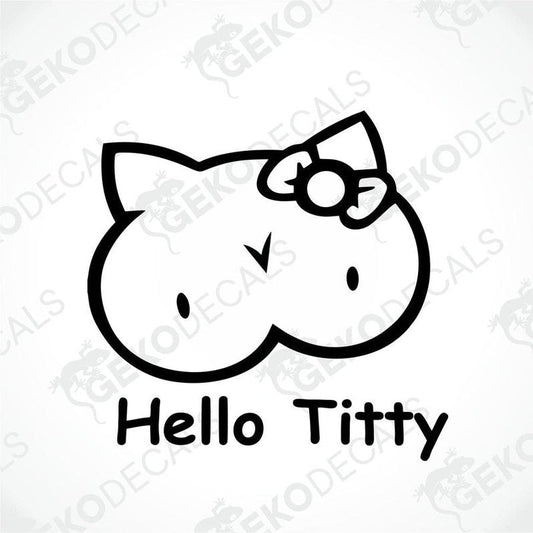 A black and white sticker of Hello Kitty with a bow on her head.