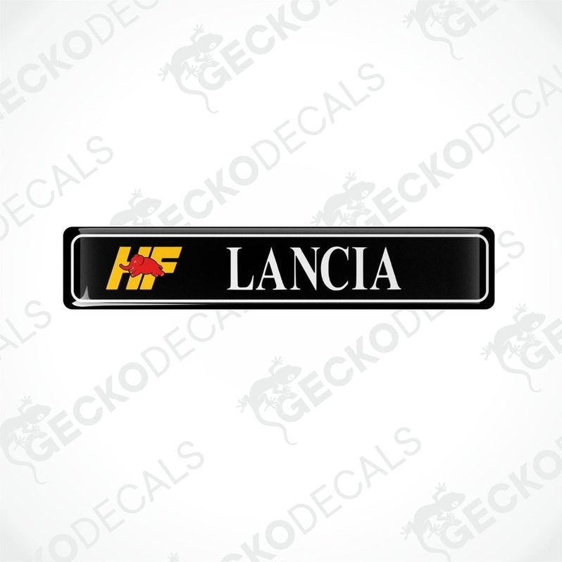  Black vinyl stickers with the text 'LANCIA' and the logo 'HF' in yellow and red.