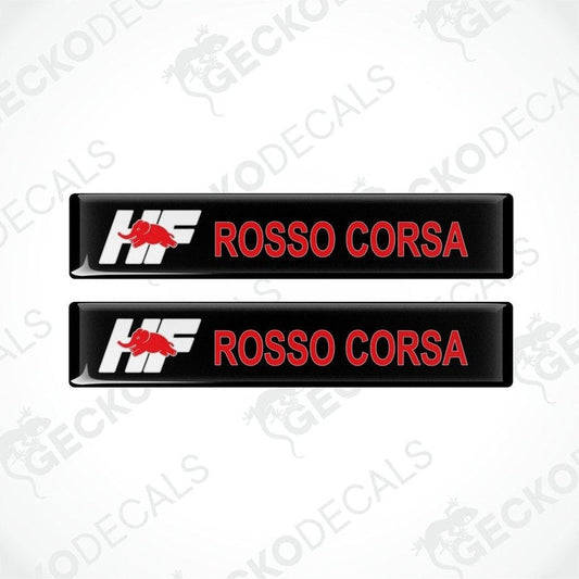 Two black vinyl decals with 'LANCIA ROSSO CORSA' text in white and red