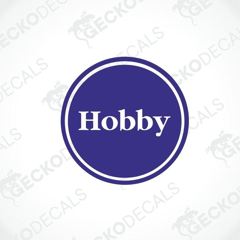 A decal with the word 'Hobby' printed in white text inside a dark blue circle.
