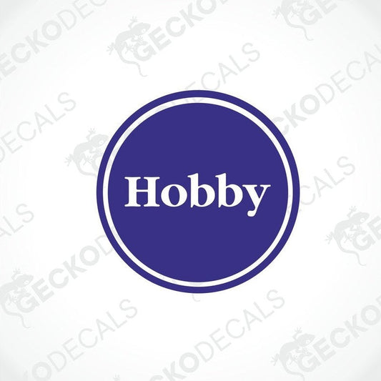 A decal with the word 'Hobby' printed in white text inside a dark blue circle.