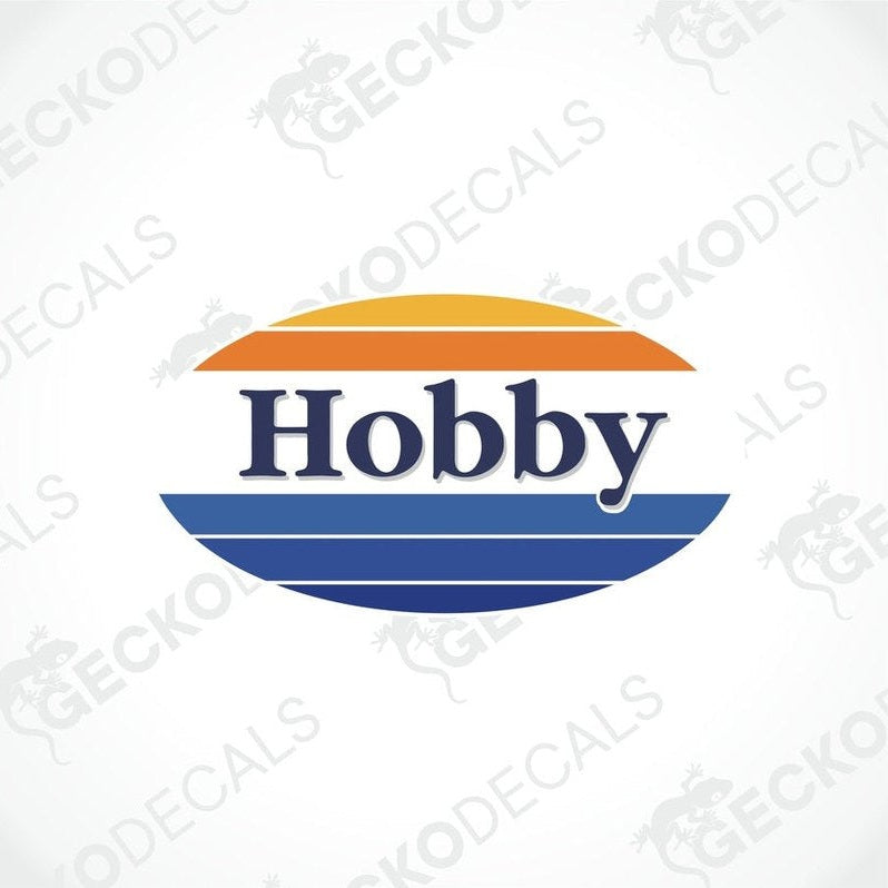 A decal with the word 'Hobby' printed in blue oval shape on a white background.