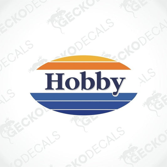 A decal with the word 'Hobby' printed in blue oval shape on a white background.